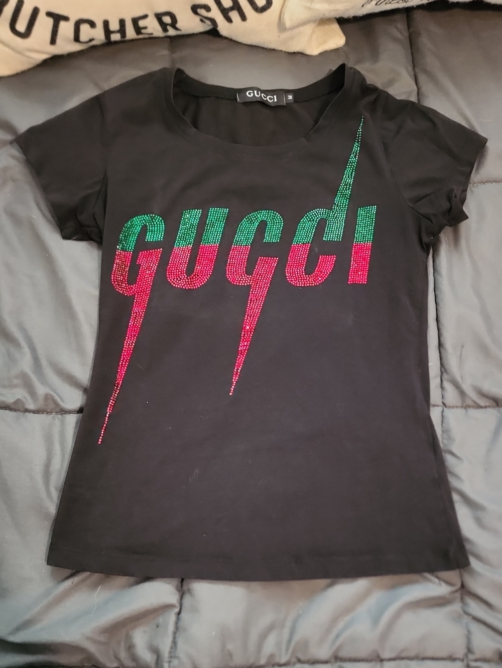Gucci Baby Doll Black Short-Sleeve Tee with Green & Pink Rhinestone Logo Size XS